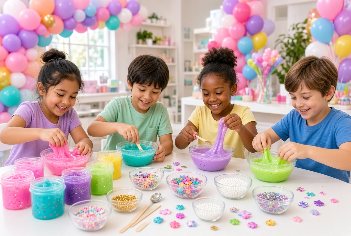 Kids mixing colorful slime at the Slime Bar with balloon décor behind them
